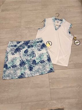 Coral Bay Golf Set White Sleeveless Top with Blue Teal Floral Skort